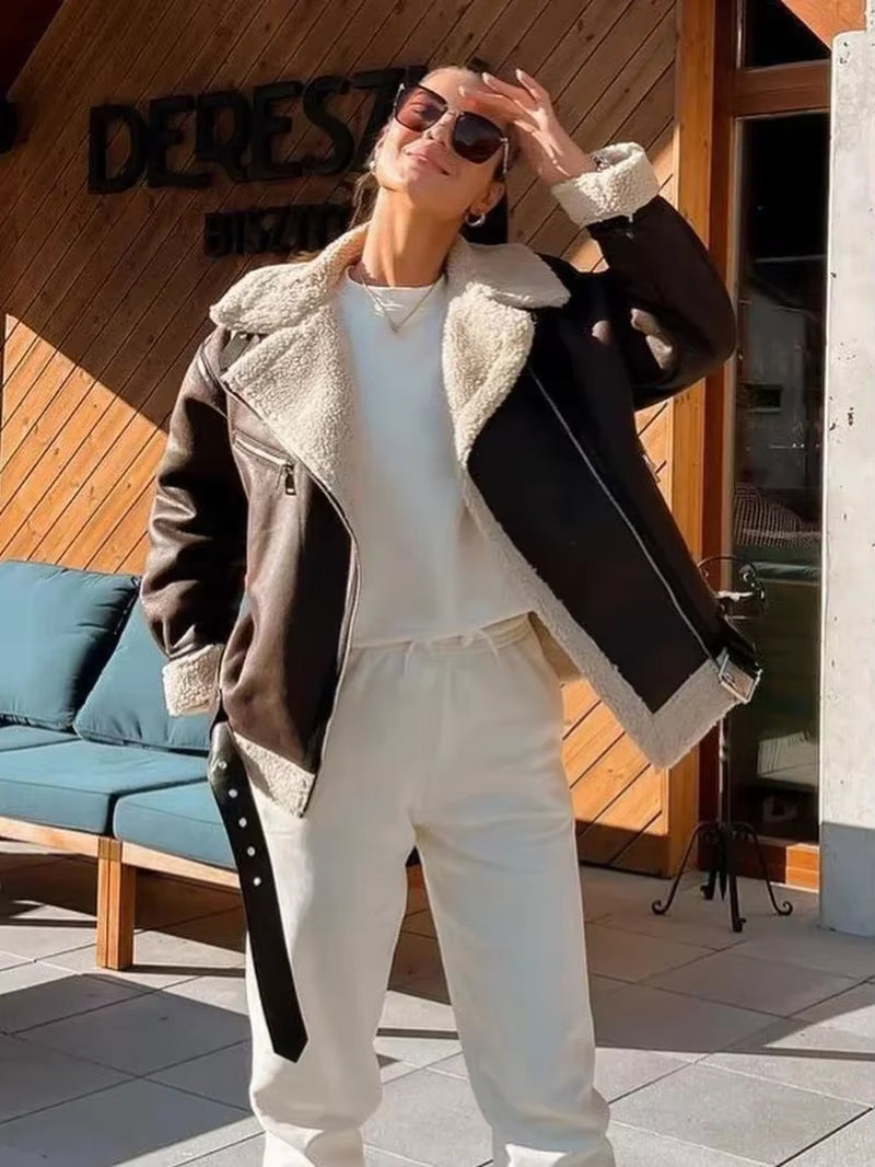 Chic Women's Faux Fur Moto Jacket - Warm Long Sleeve Biker Coat for Autumn Style