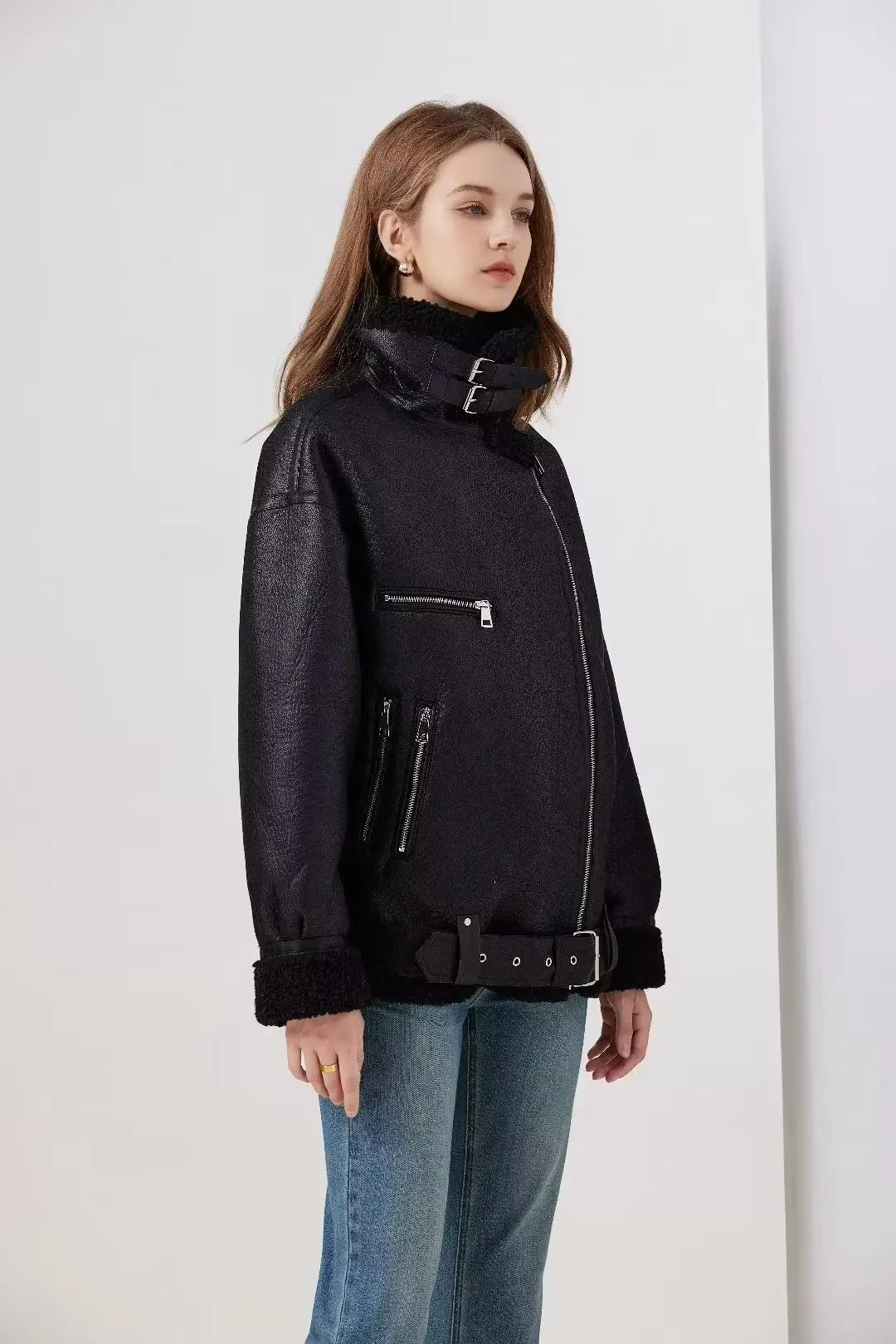 Chic Women's Faux Fur Moto Jacket - Warm Long Sleeve Biker Coat for Autumn Style