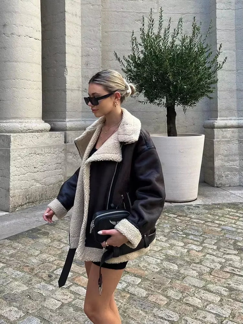 Chic Women's Faux Fur Moto Jacket - Warm Long Sleeve Biker Coat for Autumn Style