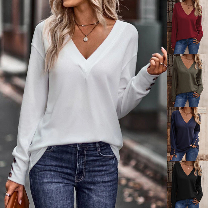 V-Neck Loose Long Sleeve Sweater, Button Detail on Sleeves
