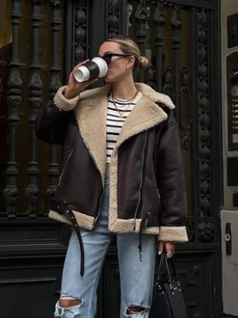 Chic Women's Faux Fur Moto Jacket - Warm Long Sleeve Biker Coat for Autumn Style